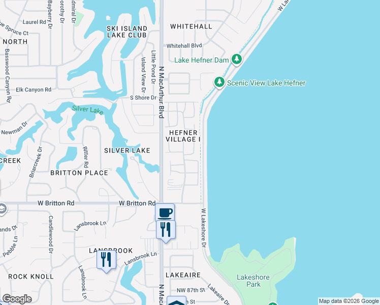 map of restaurants, bars, coffee shops, grocery stores, and more near 9810 Hefner Village Boulevard in Oklahoma City