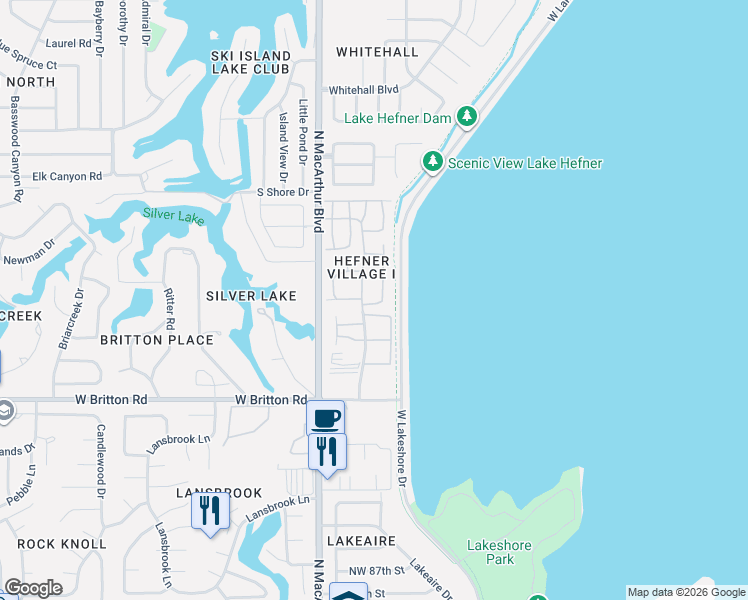 map of restaurants, bars, coffee shops, grocery stores, and more near 9810 Hefner Village Boulevard in Oklahoma City