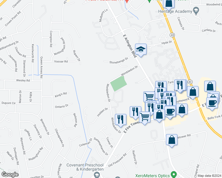 map of restaurants, bars, coffee shops, grocery stores, and more near 1680 Wimbledon Drive in Greenville