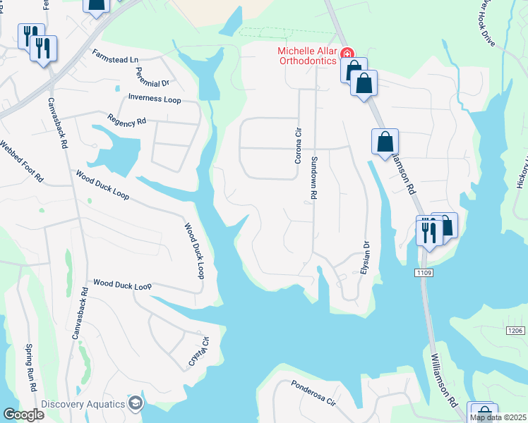 map of restaurants, bars, coffee shops, grocery stores, and more near 406 Sundown Road in Mooresville