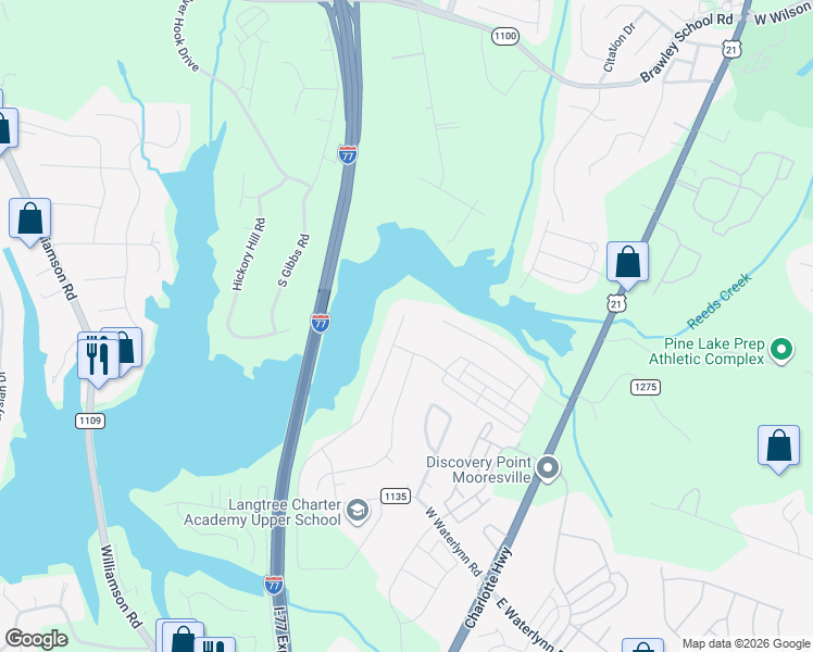 map of restaurants, bars, coffee shops, grocery stores, and more near 350 West Waterlynn Road in Mooresville