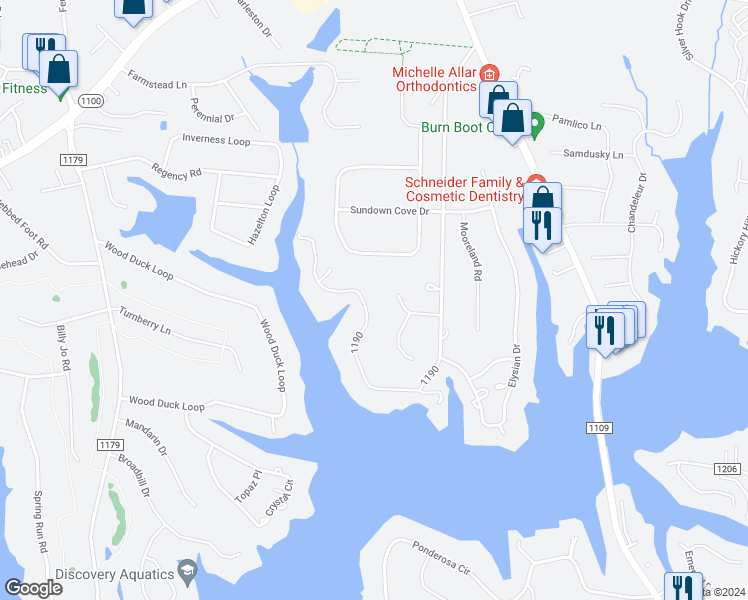 map of restaurants, bars, coffee shops, grocery stores, and more near 406 Sundown Road in Mooresville