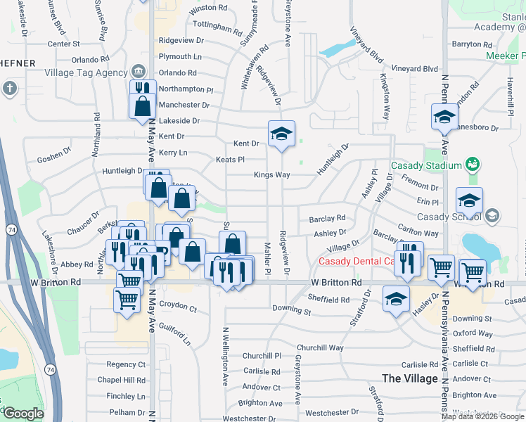 map of restaurants, bars, coffee shops, grocery stores, and more near 9800 Mahler Place in The Village