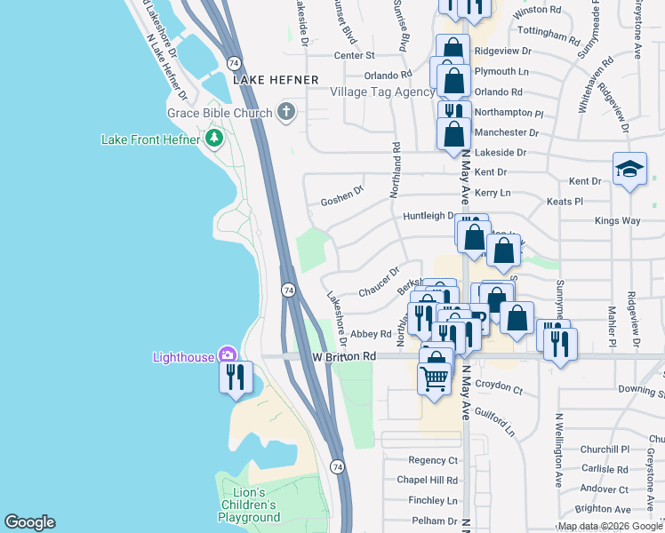 map of restaurants, bars, coffee shops, grocery stores, and more near 9805 Lakeshore Drive in The Village