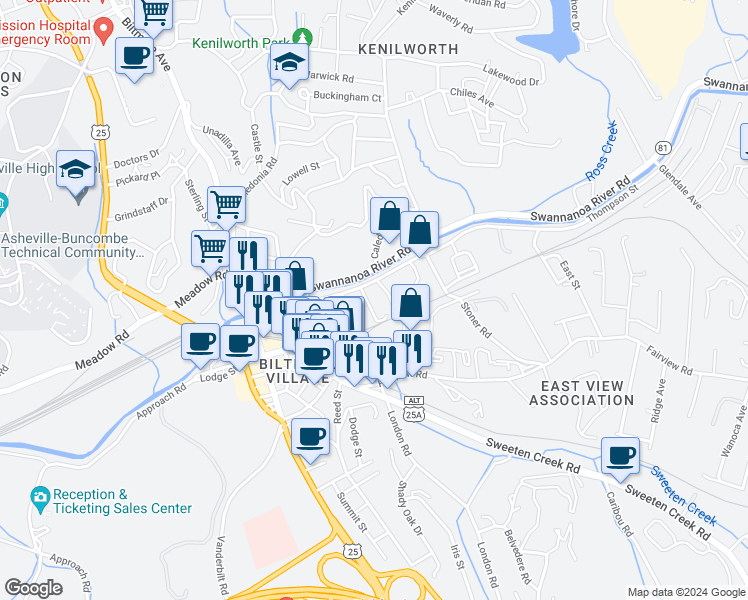 map of restaurants, bars, coffee shops, grocery stores, and more near 75 Thompson Street in Asheville