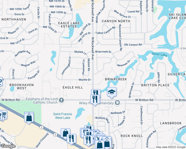 map of restaurants, bars, coffee shops, grocery stores, and more near North Rockwell Avenue in Oklahoma City