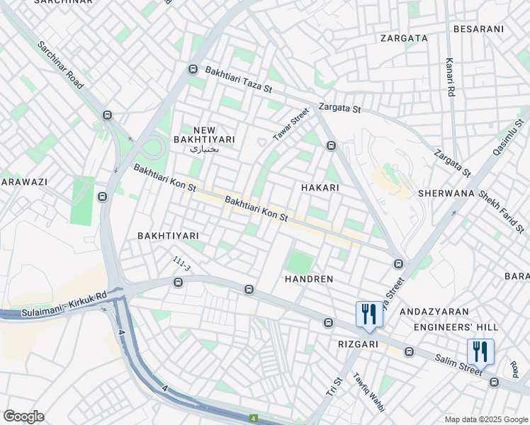 map of restaurants, bars, coffee shops, grocery stores, and more near Bakhtiari Kon Street in Sulaymaniyah