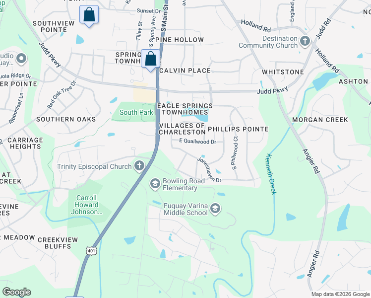 map of restaurants, bars, coffee shops, grocery stores, and more near 220 East Quailwood Drive in Fuquay-Varina