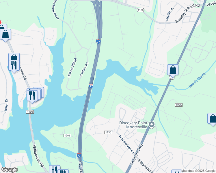 map of restaurants, bars, coffee shops, grocery stores, and more near West Waterlynn Road in Mooresville