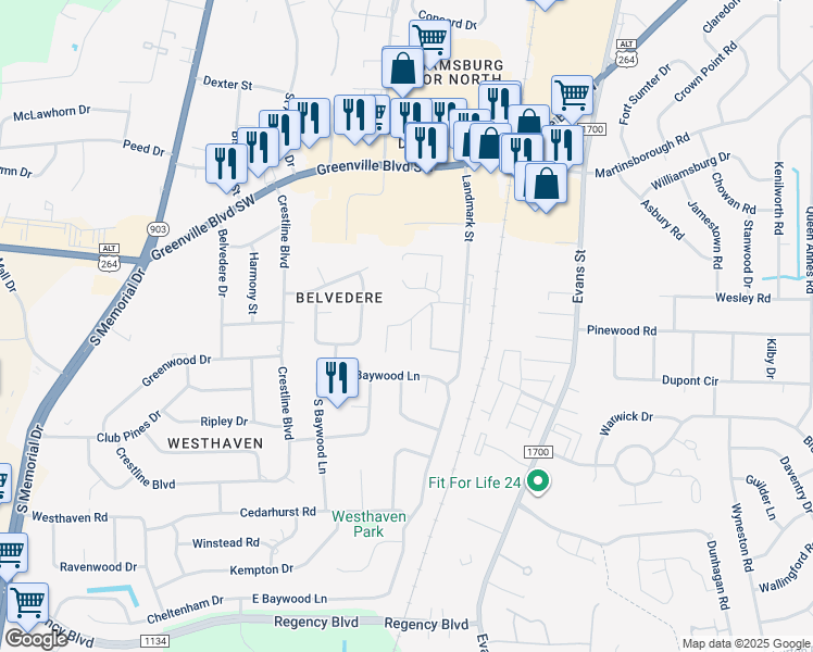 map of restaurants, bars, coffee shops, grocery stores, and more near 336 Haven Drive in Greenville