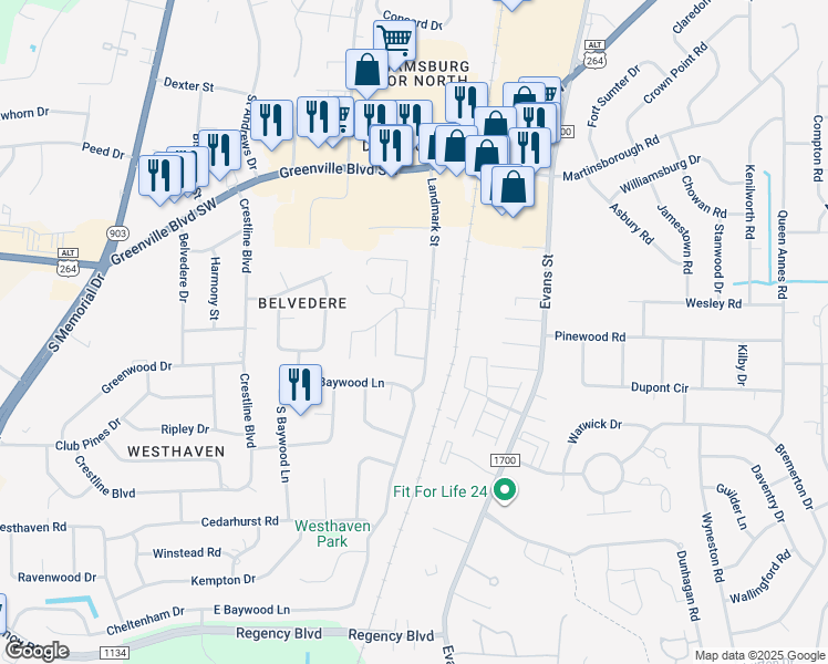 map of restaurants, bars, coffee shops, grocery stores, and more near 3320 Landmark Street in Greenville