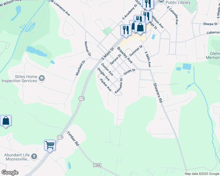 map of restaurants, bars, coffee shops, grocery stores, and more near 402 Parker Avenue in Mooresville