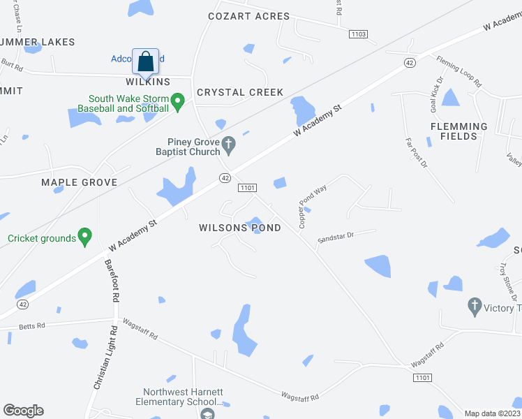 map of restaurants, bars, coffee shops, grocery stores, and more near 3320 Piney Grove-Wilbon Road in Fuquay Varina