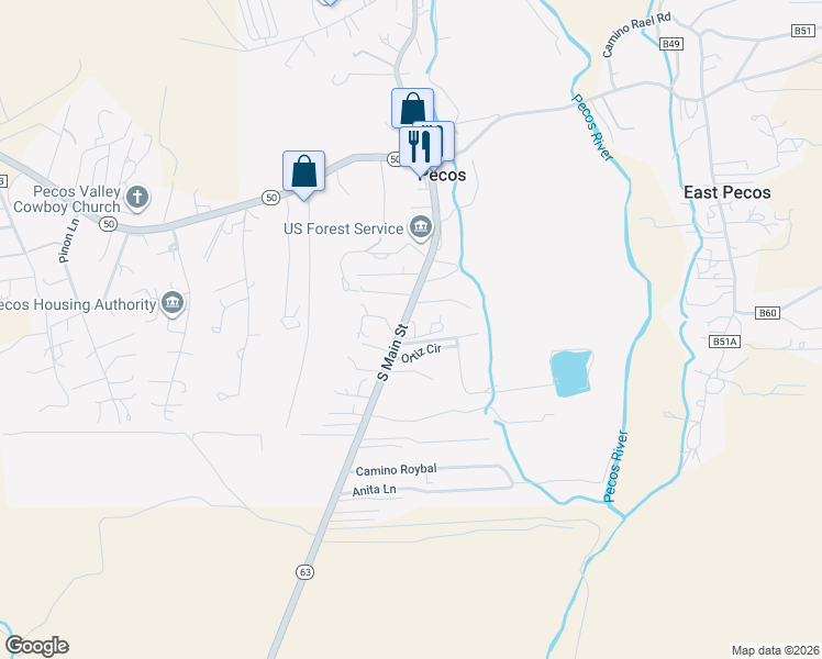 map of restaurants, bars, coffee shops, grocery stores, and more near 387 New Mexico 63 in Pecos