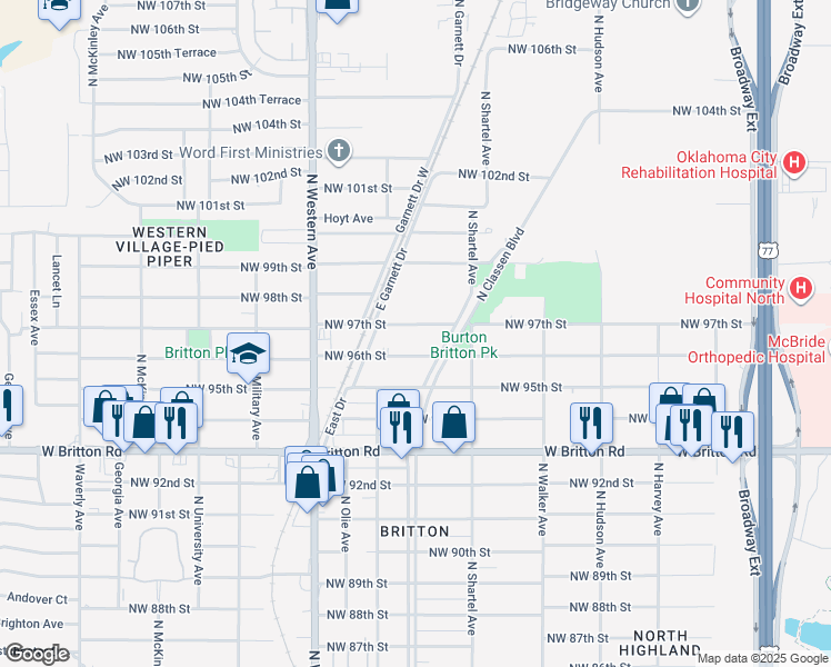 map of restaurants, bars, coffee shops, grocery stores, and more near 722 Northwest 97th Street in Oklahoma City