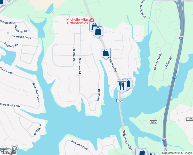 map of restaurants, bars, coffee shops, grocery stores, and more near Elysian Drive in Mooresville