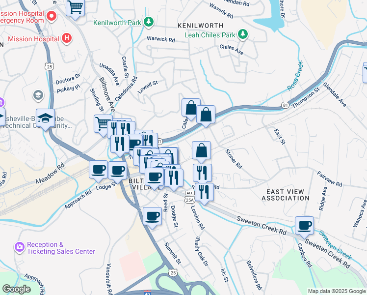 map of restaurants, bars, coffee shops, grocery stores, and more near 81 Thompson Street in Asheville