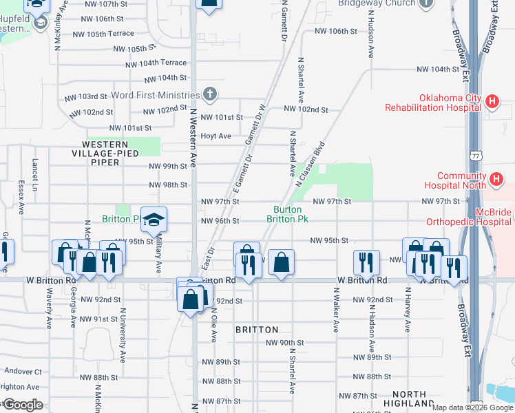 map of restaurants, bars, coffee shops, grocery stores, and more near 722 Northwest 97th Street in Oklahoma City
