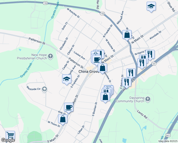 map of restaurants, bars, coffee shops, grocery stores, and more near in China Grove