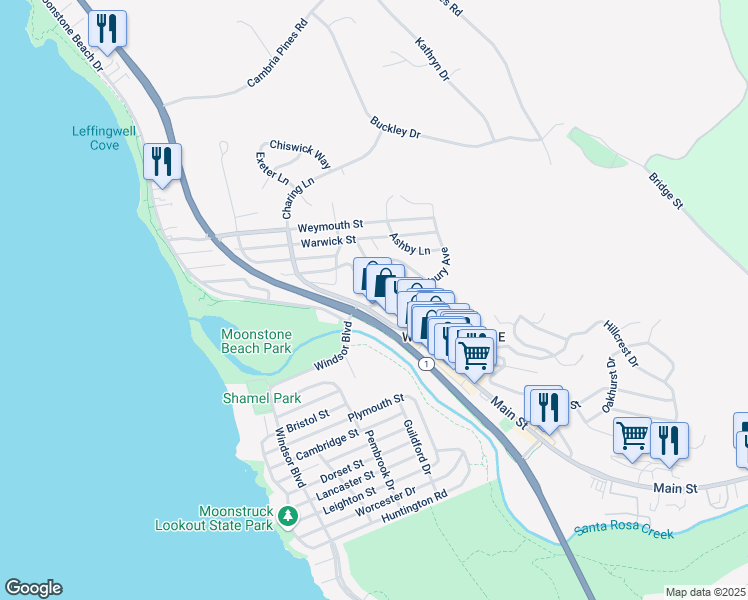 map of restaurants, bars, coffee shops, grocery stores, and more near Kent Street in Cambria