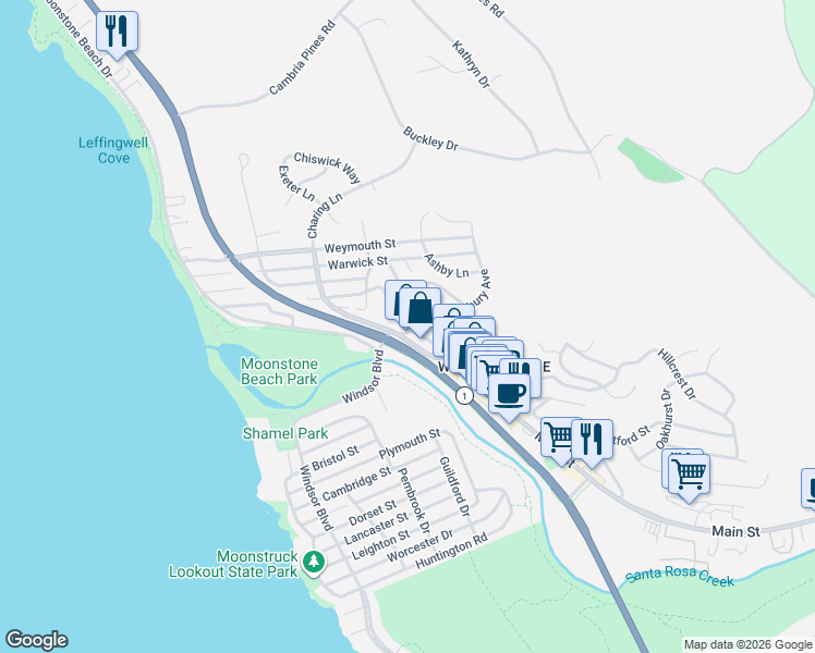 map of restaurants, bars, coffee shops, grocery stores, and more near 570 Croyden Lane in Cambria