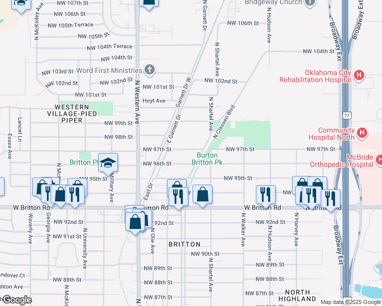 map of restaurants, bars, coffee shops, grocery stores, and more near 722 Northwest 97th Street in Oklahoma City