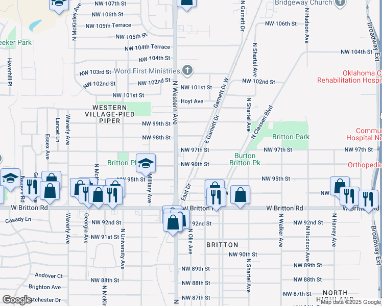 map of restaurants, bars, coffee shops, grocery stores, and more near 1000 Northwest 97th Street in Oklahoma City