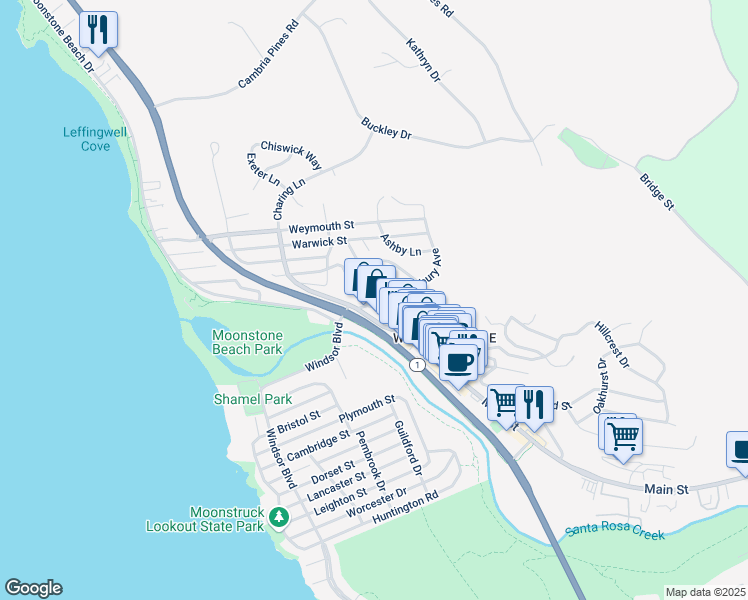 map of restaurants, bars, coffee shops, grocery stores, and more near Kent Street in Cambria