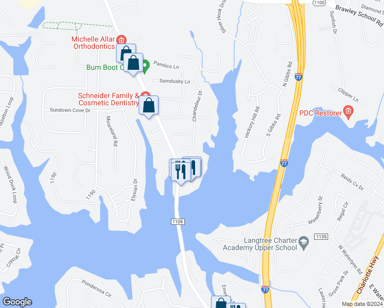 map of restaurants, bars, coffee shops, grocery stores, and more near 137 Chandeleur Drive in Mooresville