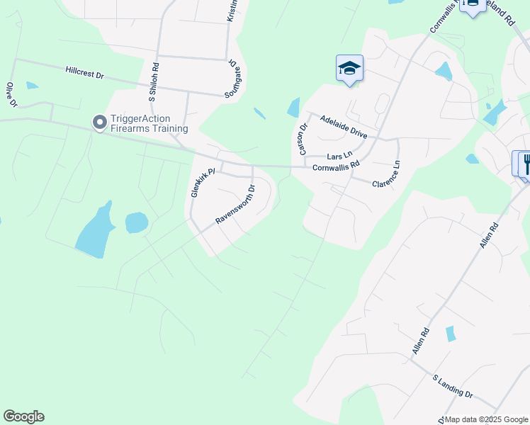 map of restaurants, bars, coffee shops, grocery stores, and more near 157 Kinsale Ct in Garner