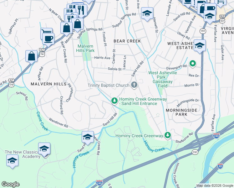 map of restaurants, bars, coffee shops, grocery stores, and more near 385 Sand Hill Road in Asheville
