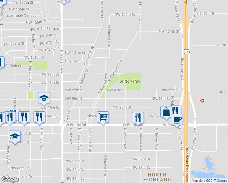 map of restaurants, bars, coffee shops, grocery stores, and more near 608 Northwest 97th Street in Oklahoma City
