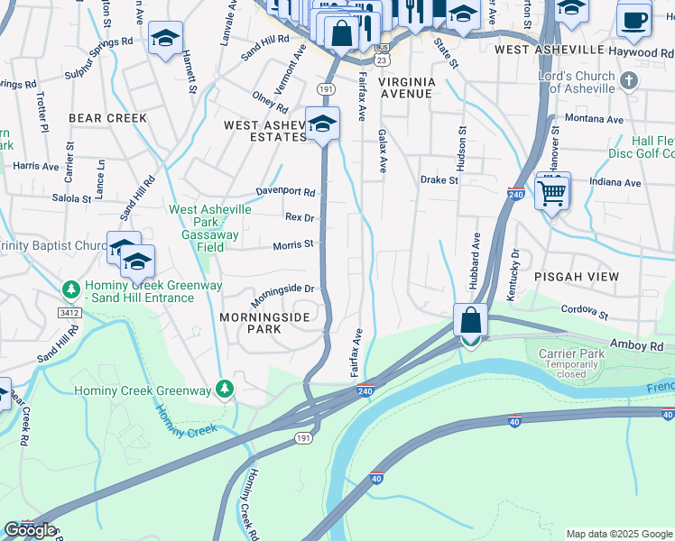 map of restaurants, bars, coffee shops, grocery stores, and more near 18 Greeley Street in Asheville