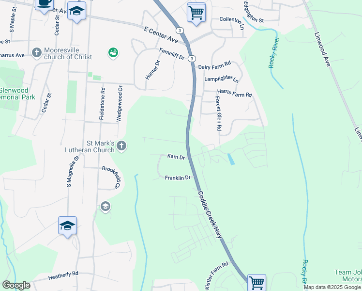 map of restaurants, bars, coffee shops, grocery stores, and more near 107 Hedgewood Drive in Mooresville