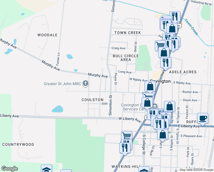 map of restaurants, bars, coffee shops, grocery stores, and more near 419 Hall Alley in Covington