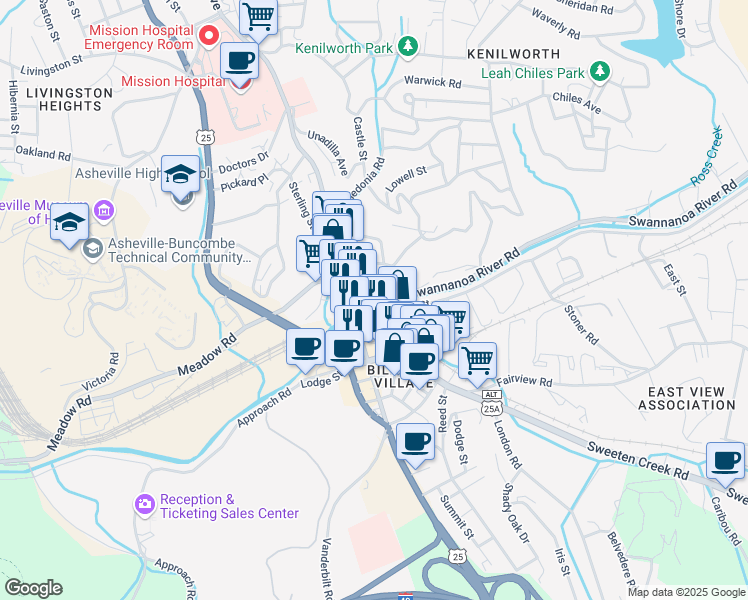 map of restaurants, bars, coffee shops, grocery stores, and more near 17 Bryson Street in Asheville