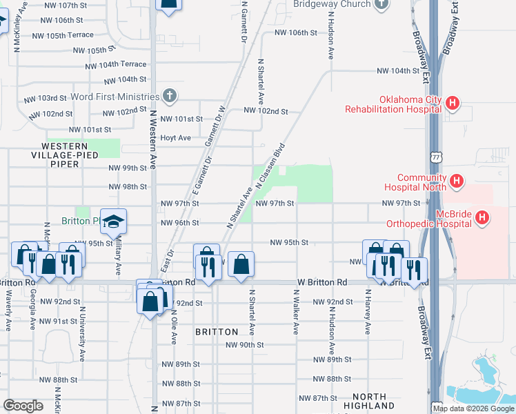 map of restaurants, bars, coffee shops, grocery stores, and more near 9720 North Shartel Avenue in Oklahoma City