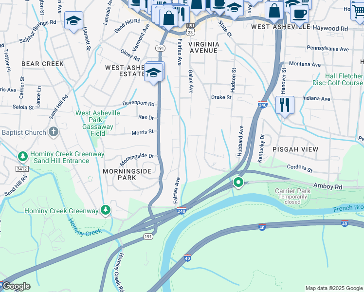 map of restaurants, bars, coffee shops, grocery stores, and more near 224 Fairfax Avenue in Asheville