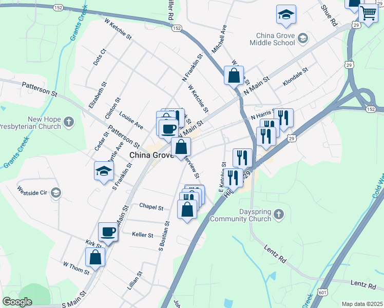 map of restaurants, bars, coffee shops, grocery stores, and more near 313 East Centerview Street in China Grove