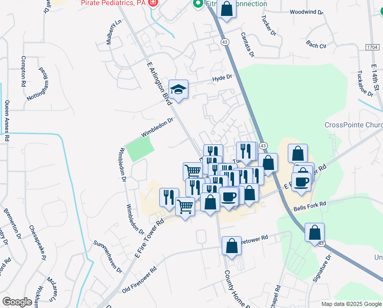 map of restaurants, bars, coffee shops, grocery stores, and more near 1706 E Arlington Blvd in Greenville