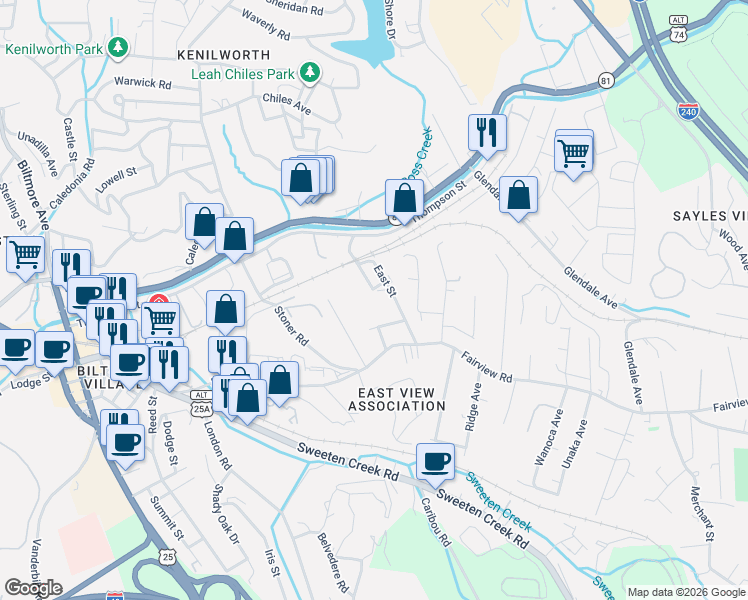 map of restaurants, bars, coffee shops, grocery stores, and more near 19 Cole Street in Asheville