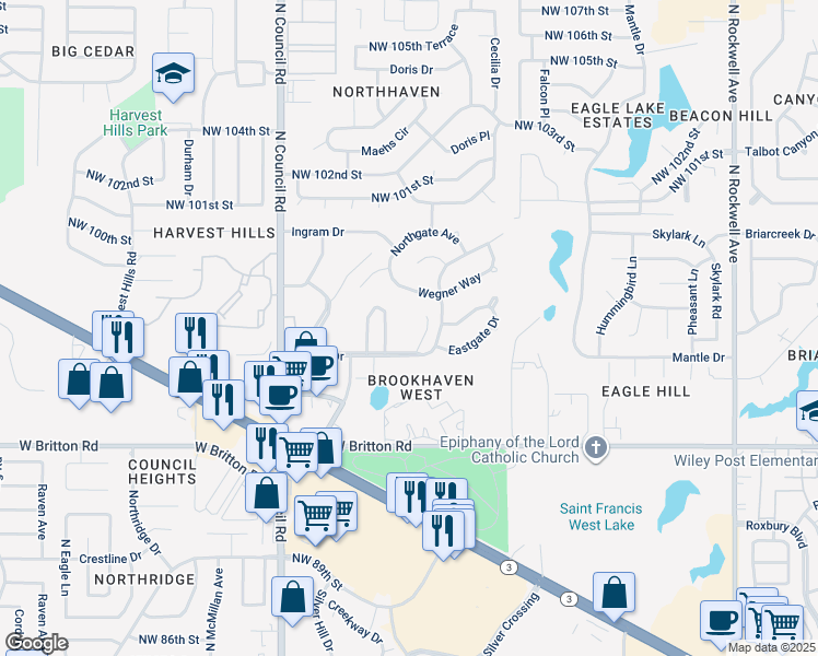 map of restaurants, bars, coffee shops, grocery stores, and more near 9720 Stacy Court in Oklahoma City