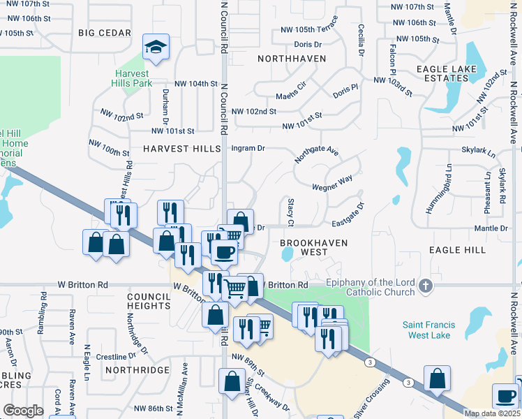 map of restaurants, bars, coffee shops, grocery stores, and more near 9700 Mashburn Boulevard in Oklahoma City