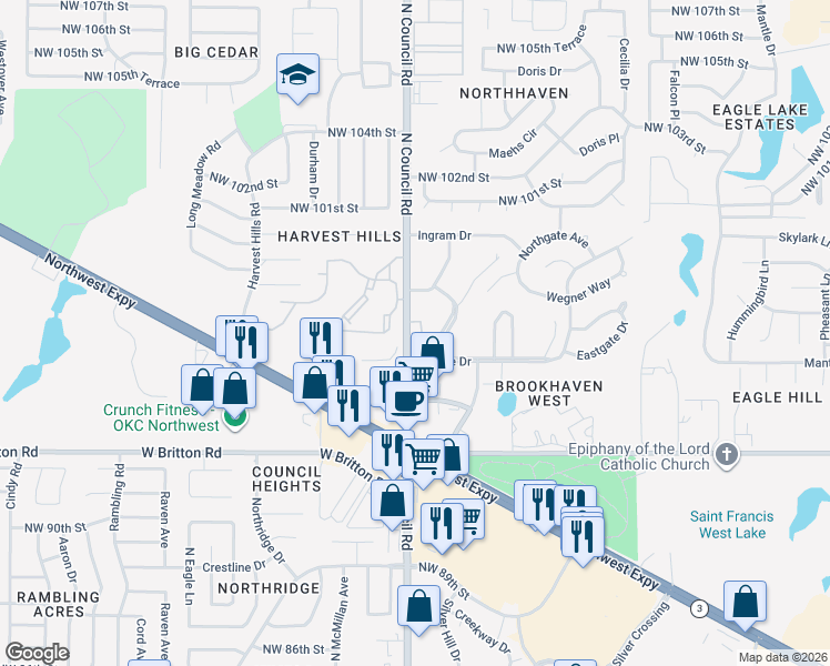 map of restaurants, bars, coffee shops, grocery stores, and more near 9724 North Council Road in Oklahoma City