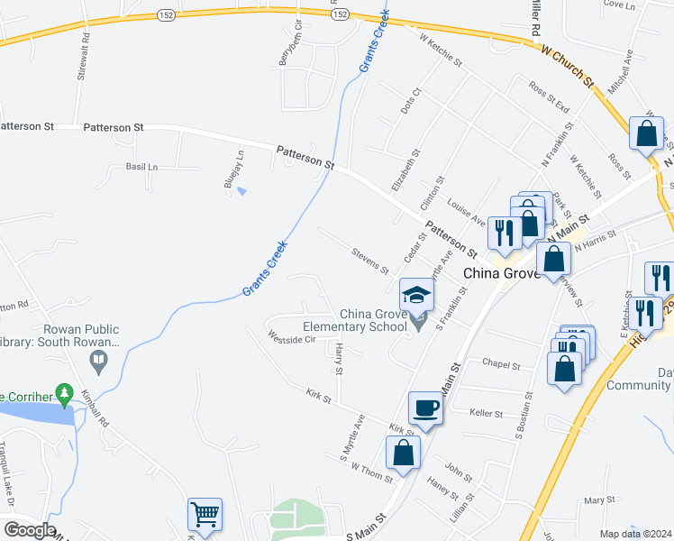 map of restaurants, bars, coffee shops, grocery stores, and more near 639 Harry Street in China Grove