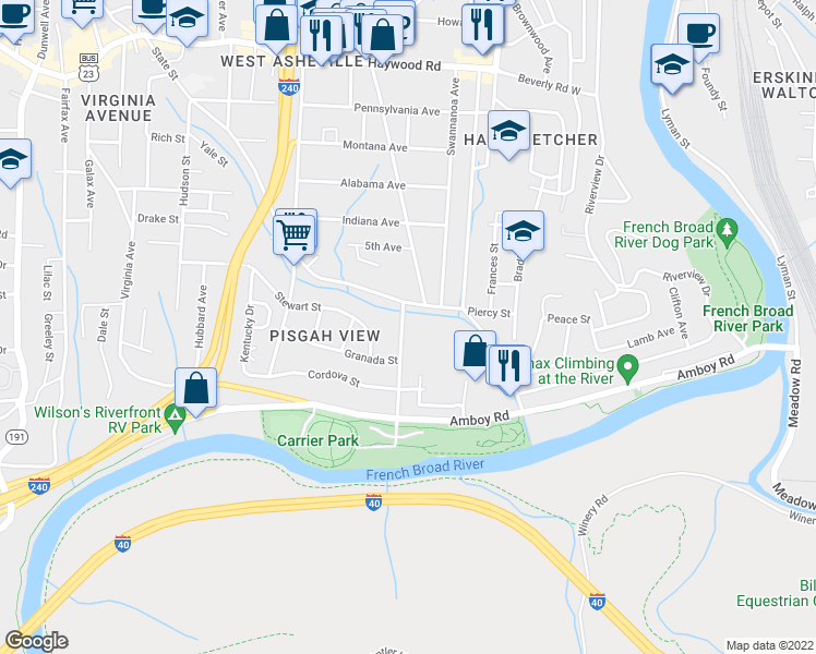 map of restaurants, bars, coffee shops, grocery stores, and more near 212 Short Michigan Avenue in Asheville