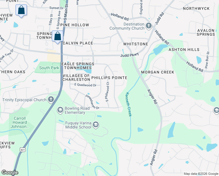 map of restaurants, bars, coffee shops, grocery stores, and more near 1029 South Philwood Court in Fuquay-Varina