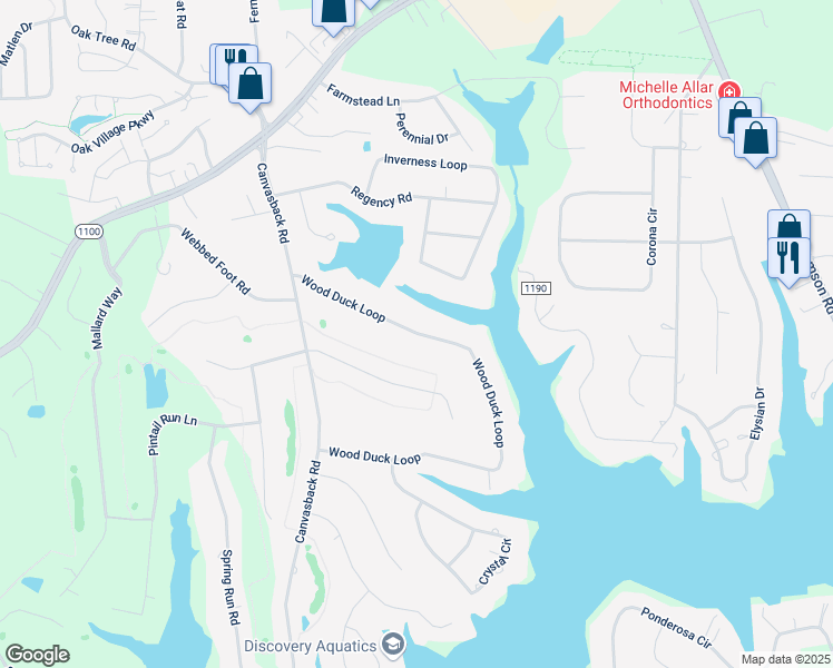 map of restaurants, bars, coffee shops, grocery stores, and more near Wood Duck Loop in Mooresville