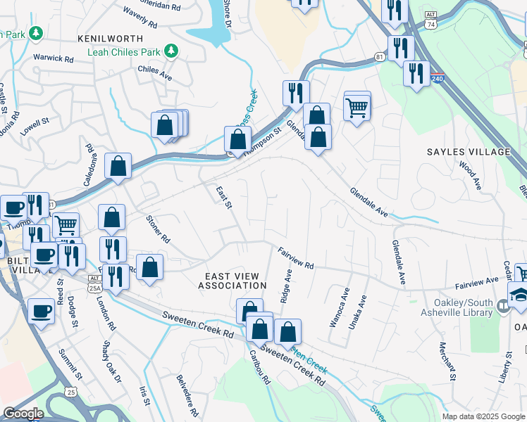 map of restaurants, bars, coffee shops, grocery stores, and more near 46 First Street in Asheville