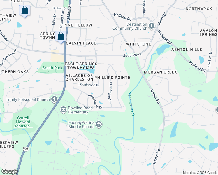 map of restaurants, bars, coffee shops, grocery stores, and more near 1029 South Philwood Court in Fuquay-Varina